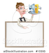 Vector Illustration of a White Male Waiter with a Curling Mustache, Holding Fish and a Chips on a Tray and Pointing down over a Menu by AtStockIllustration
