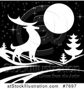 Vector Illustration of a White Silhouetted Buck Deer with Evergreens Under a Full Moon at Night by AtStockIllustration