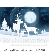 Vector Illustration of a White Silhouetted Deer Family Under a Full Moon in a Winter Landscape at Night by AtStockIllustration