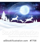 Vector Illustration of a White Silhouetted Family of Deer Leaping over Snowy Hills and Evergreens Under a Full Moon by AtStockIllustration