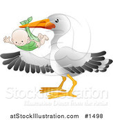 Vector Illustration of a White Stork Bird with Black Tipped Wings, Carrying a Happy Baby in a Green Cloth by AtStockIllustration
