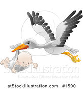 Vector Illustration of a White Stork with Black Tipped Wings, Flying with a Happy Baby in a Cloth by AtStockIllustration