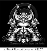 Vector Illustration of a White Woodcut or Engraved Samurai Mask on Black by AtStockIllustration