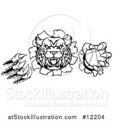 Vector Illustration of a Wildcat Mascot Shredding Through a Wall with a Cricket Ball, Black and White by AtStockIllustration