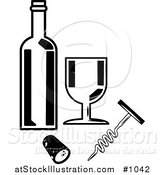 Vector Illustration of a Wine Bottle, Goblet, Cork and Cork Screw by AtStockIllustration