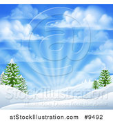 Vector Illustration of a Winter Morning Sunrise with Rays and a Blue Cloudy Sky over Snow Covered Hills and Evergreen Trees by AtStockIllustration