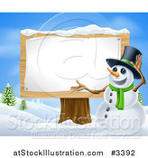 Vector Illustration of a Winter Snowman Presenting a Wooden Sign by AtStockIllustration