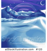 Vector Illustration of a Wintry Landscape with Snow, Mountains and the Moon by AtStockIllustration