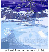 Vector Illustration of a Wintry Landscape with Snowflakes, Mountains and Bare Tree Branches by AtStockIllustration