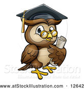 Vector Illustration of a Wise Cartoon Owl Wearing Glasses and Graduation Cap While Carrying a Diploma by AtStockIllustration