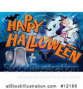 Vector Illustration of a Witch and Bats Flying over a Full Moon, Happy Halloween Greeting and Cemetery by AtStockIllustration