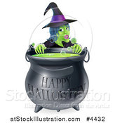 Vector Illustration of a Witch Behind a Boiling Happy Halloween Cauldron by AtStockIllustration