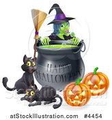 Vector Illustration of a Witch Behind a Boiling Happy Halloween Cauldron with a Broomstick Black Cats and Jackolanterns by AtStockIllustration