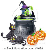 Vector Illustration of a Witch Behind a Boiling Happy Halloween Cauldron with Black Cats and Jackolanterns by AtStockIllustration