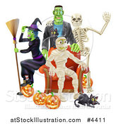 Vector Illustration of a Witch Frankenstein and Skeleton Around a Seated Mummy with a Black Cat and Halloween Pumpkins by AtStockIllustration