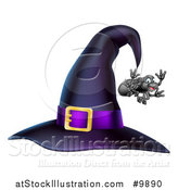 Vector Illustration of a Witch Hat with a Purple Band and Dangling Happy Spider by AtStockIllustration