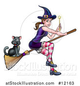 Vector Illustration of a Witch Holding a Magic Wand and Cat Flying on a Broomstick by AtStockIllustration