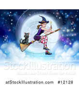 Vector Illustration of a Witch Holding a Magic Wand and Cat Flying on a Broomstick over a Full Moon by AtStockIllustration