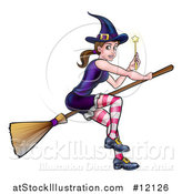 Vector Illustration of a Witch Holding a Magic Wand and Flying on a Broomstick by AtStockIllustration