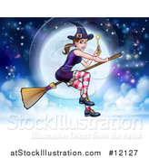 Vector Illustration of a Witch Holding a Magic Wand and Flying on a Broomstick over a Full Moon by AtStockIllustration