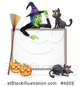 Vector Illustration of a Witch Pointing down to a White Board Sign with Black Cats Halloween Pumpkins and a Broomstick by AtStockIllustration