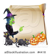 Vector Illustration of a Witch Pointing to a Scroll Sign with Black Cats Halloween Pumpkins and a Broomstick by AtStockIllustration