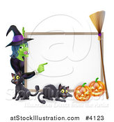 Vector Illustration of a Witch Pointing to a White Board Sign over a Black Cat and Halloween Pumpkins with a Broom by AtStockIllustration