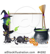Vector Illustration of a Witch Pointing to a White Board Sign with Black Cats Halloween Pumpkins a Cauldron and a Broomstick by AtStockIllustration
