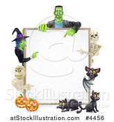 Vector Illustration of a Witch Skeleton Mummy Bat and Frankenstein Pointing to a White Board Sign over Pumpkins and Black Cats by AtStockIllustration