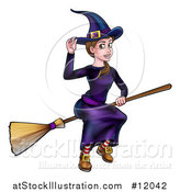 Vector Illustration of a Witch Tipping Her Hat and Flying on a Broomstick by AtStockIllustration