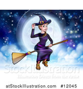 Vector Illustration of a Witch Tipping Her Hat and Flying on a Broomstick over a Full Moon by AtStockIllustration