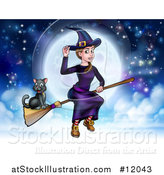 Vector Illustration of a Witch Tipping Her Hat and Flying on a Broomstick over a Full Moon with Her Cat by AtStockIllustration