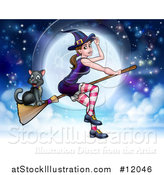 Vector Illustration of a Witch Tipping Her Hat and Flying on a Broomstick over a Full Moon with Her Cat by AtStockIllustration