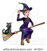 Vector Illustration of a Witch Tipping Her Hat and Flying on a Broomstick with Her Cat by AtStockIllustration