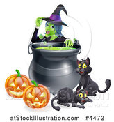 Vector Illustration of a Witch Touching Her Hat Behind a Boiling Halloween Cauldron Black Cats and Jackolanterns by AtStockIllustration