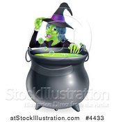 Vector Illustration of a Witch Touching Her Hat from Behind a Boiling Halloween Cauldron by AtStockIllustration