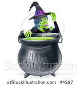 Vector Illustration of a Witch Touching Her Hat from Behind a Boiling Happy Halloween Cauldron by AtStockIllustration