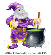 Vector Illustration of a Wizard Holding a Thumb up and Stirring Contents in a Cauldron by AtStockIllustration