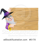 Vector Illustration of a Wizard Looking Around and Pointing at a Wooden Sign by AtStockIllustration