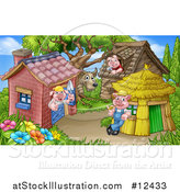 Vector Illustration of a Wolf and Piggies from the Three Little Pigs Fairy Tale, at Their Brick, Wood and Straw Houses by AtStockIllustration