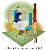 Vector Illustration of a Woman Approaching a Man with a Gift Behind Her Back by AtStockIllustration