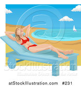 Vector Illustration of a Woman in a Red Bikini on a Chaise Lounge on a Beach by AtStockIllustration