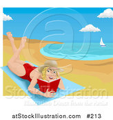 Vector Illustration of a Woman Lying on a Beach Towel on a Beach and Reading a Book by AtStockIllustration