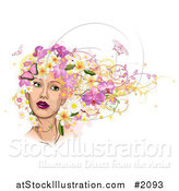 Vector Illustration of a Woman's Face with Pink Butterflies and Flowers in Her Hair by AtStockIllustration