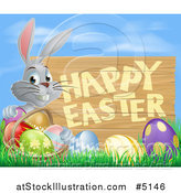 Vector Illustration of a Wood Happy Easter Sign with a Gray Rabbit and Eggs Against Blue Sky by AtStockIllustration