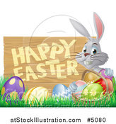 Vector Illustration of a Wood Happy Easter Sign with a Rabbit Grass and Eggs by AtStockIllustration