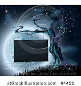 Vector Illustration of a Wood Sign Suspended from a Spooky Tree on a Hill Against a Blue Full Moon by AtStockIllustration