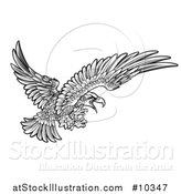 Vector Illustration of a Woodcut Black and White Eagle Swooping with Talons Extended by AtStockIllustration