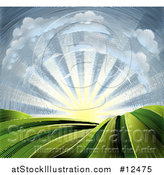 Vector Illustration of a Woodcut Cloud and Sunrise Sky over Farmland by AtStockIllustration