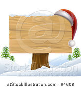 Vector Illustration of a Wooden Christmas Sign with a Santa Hat in a Winter Landscape by AtStockIllustration